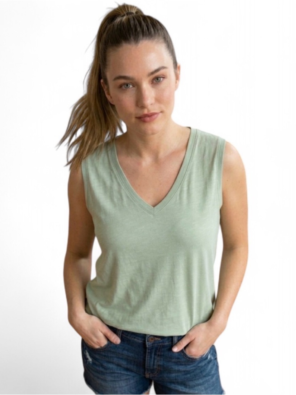 Peace Love World Flowy Chic V-Neck Tank Top in Light Sage